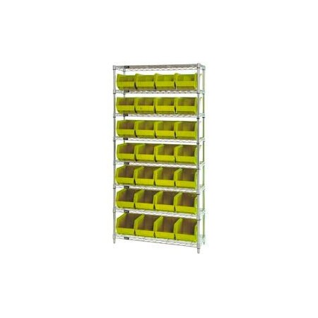 Global Industrial Chrome Wire Shelving w/ 28 Stacking Yellow Bins, 36inW x 12inD x 74inH, Gray 268926YL